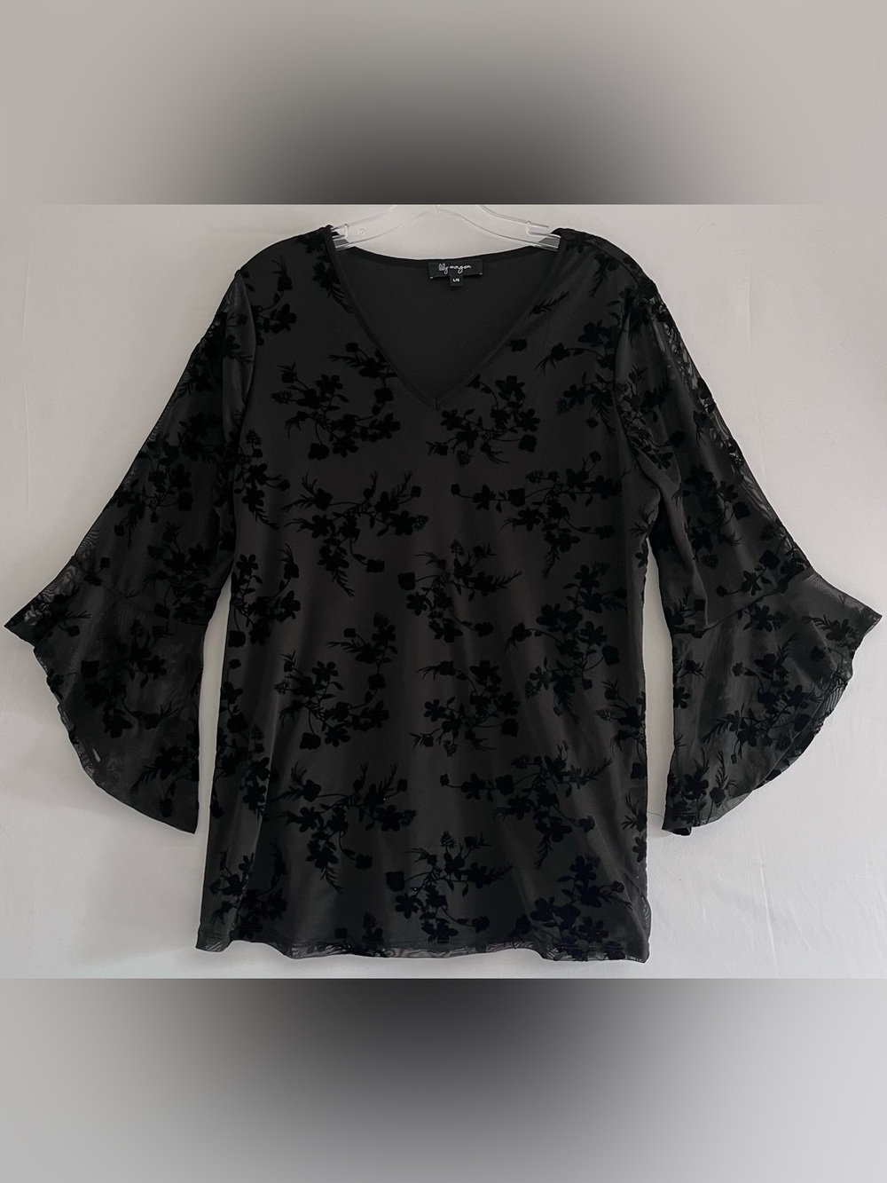 Whimsigoth Flocked Mesh Tunic Gothic Bell Sleeve Lily Morgan Top L